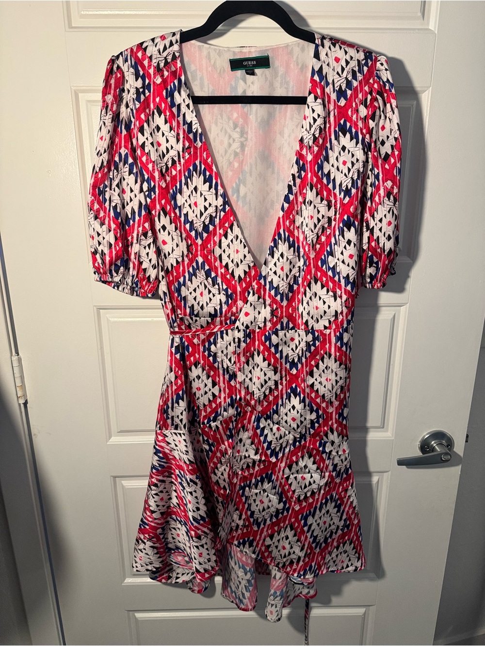 Guess Geometric Wrap Dress in White, Red & Blue